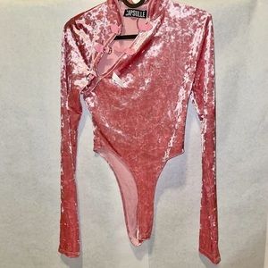 Dolls Kill Capsule baby pink crushed velvet bodysuit asian style buckle neck S